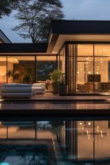 Área externa com piscina e espaço gourmet iluminado