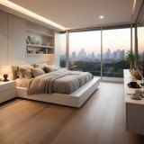Quarto com painel de cabeceira e vista para a cidade